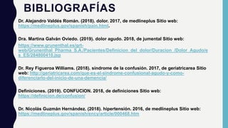 BIBLIOGRAFÍAS
Dr. Alejandro Valdés Román. (2018). dolor. 2017, de medlineplus Sitio web:
https://medlineplus.gov/spanish/pain.html.
Dra. Martina Galván Oviedo. (2019). dolor agudo. 2018, de jumental Sitio web:
https://www.grunenthal.es/grt-
web/Grunenthal_Pharma_S.A./Pacientes/Definicion_del_dolor/Duracion_/Dolor_Agudo/e
s_ES/284800410.jsp
Dr. Rey Figueroa Williams. (2018). síndrome de la confusión. 2017, de geriatricarea Sitio
web: http://geriatricarea.com/que-es-el-sindrome-confusional-agudo-y-como-
diferenciarlo-del-inicio-de-una-demencia/
Definiciones. (2019). CONFUCION. 2018, de definiciones Sitio web:
https://definicion.de/confusion/
Dr. Nicolás Guzmán Hernández. (2018). hipertensión. 2016, de medlineplus Sitio web:
https://medlineplus.gov/spanish/ency/article/000468.htm
 