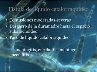 Fistula de liquido cefalorraquídeo
• Contusiones moderadas-severas
• Desgarro de la duramadre hasta el espacio
subaracnoideo
• Paso de liquido cefalorraquideo
meningitis, encefalitis, meningoencefalitis

 
