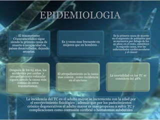 EPIDEMIOLOGIA
El traumatismo
Craneoencefálico sigue
siendo la primera causa de
muerte e incapacidad en
países desarrollados, dejando
secuelas.

Después de los 65 años, los
accidentes por caídas y
atropellamiento vehicular
siguen siendo la causa más
común de estos
traumatismos.

Es 3 veces mas frecuente en
mujeres que en hombres .

El atropellamiento es la causa
mas común , como incidencia
en el anciano

Es la primera causa de muerte
en el segmento de población que
se encuentra por debajo de los
45 años; en el resto, constituye
la segunda causa, tras las
enfermedades cardiovasculares
y el cáncer

La mortalidad en los TC se
considera del 48%

La incidencia del TC en el adulto mayor se incrementa con la edad por
el envejecimiento fisiológico ; además que por los padecimientos
crónico degenerativos el adulto mayor es mas propenso a sufrir TC y
complicaciones como contusión cerebral o hematomas subdurales

 