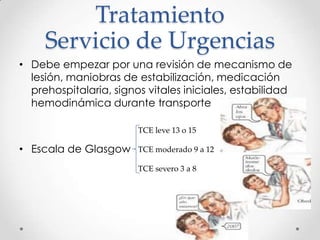 Tratamiento
Servicio de Urgencias
• Debe empezar por una revisión de mecanismo de
lesión, maniobras de estabilización, medicación
prehospitalaria, signos vitales iniciales, estabilidad
hemodinámica durante transporte
• Escala de Glasgow
TCE leve 13 o 15
TCE moderado 9 a 12
TCE severo 3 a 8
 