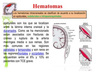 Hematomas
        Los hematomas intracraneales se clasifican de acuerdo a su localización
        en epidurales, subdurales e intraparenquimales

epidurales son los que se localizan
entre la lámina interna craneal y la
duramadre. Como se ha mencionado
están asociados con fracturas de
cráneo y ruptura de la arteria
meníngea media o sus ramas. Son
más comunes en las regiones
parietales y temporales y son raros en
las regionesfrontales y occipitales. Se
encuentran entre el 8% y 10% en
pacientes con TCE grave.
 
