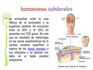 hematomas subdurales
• se encuentran entre la cara
  interna de la duramadre y la
  superficie cerebral. Se encuentra
  entre el 20% y el 25% en
  pacientes con TCE grave. Se cree
  que es resultado de hemorragia
  en las venas anastomóticas de la
  corteza cerebral superficial o
  ruptura de los senos venosos o
  sus tributarios y se asocian con
  daño en el tejido cerebral
  subyacente
 