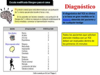 Diagnóstico
El diagnóstico del TCE es clínico
y se basa en gran medida en la
historia obtenida del paciente y
de cualquier testigo



Todos los pacientes que solicitan
atención médica con un TCE
deben ser evaluados dentro de
los primeros 15 minutos
 