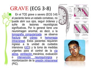 GRAVE (ECG 3-8)
    En el TCE grave o severo (ECG 3-8)
el paciente tiene un estado comatoso, no
puede abrir sus ojos, seguir órdenes y
sufre      de    lesiones    neurológicas
significativas. Por lo general tiene una
neuroimagen anormal, es decir, a la
tomografía computarizada se observa
fractura del cráneo o hemorragia
intracraneal. Estos pacientes requieren
ingreso a la unidad de cuidados
intensivos (UCI) y la toma de medidas
urgentes para el control de la vía
aérea, ventilación mecánica, evaluación
o intervención neuroquirúrgica y
monitorización de la presión intracraneal
(PIC).
 
