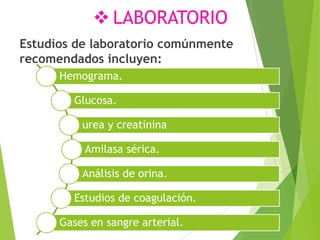  LABORATORIO
Estudios de laboratorio comúnmente
recomendados incluyen:
Hemograma.
Glucosa.
urea y creatinina
Amilasa sérica.
Análisis de orina.

Estudios de coagulación.
Gases en sangre arterial.

 