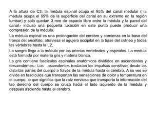 A la altura de C3, la medula espinal ocupa el 95% del canal medular ( la
médula ocupa el 65% de la superficie del canal en su extremo en la región
lumbar) y solo quedan 3 mm de espacio libre entre la médula y la pared del
canal.- incluso una pequeña luxación en este punto puede producir una
compresión de la médula.
La médula espinal es una prolongación del cerebro y comienza en la base del
tronco del encéfalo, atraviesa el agujero occipital en la base del cráneo y todas
las vértebras hasta la L2.
La sangre llega a la médula por las arterias vertebrales y espinales. La medula
está formada por materia gris y materia blanca.
La gris contiene fascículos espinales anatómicos divididos en ascendentes y
descendentes.- Los ascendentes trasladan los impulsos sensitivos desde las
distintas partes del cuerpo a través de la médula hasta el cerebro. A su ves se
divide en fascículos que transportan las sensaciones de dolor y temperatura en
el cuerpo, lo que significa que la raíz nerviosa que transporta la información del
lao derecho del cuerpo se cruza hacia el lado izquierdo de la médula y
después asciende hasta el cerebro.
 