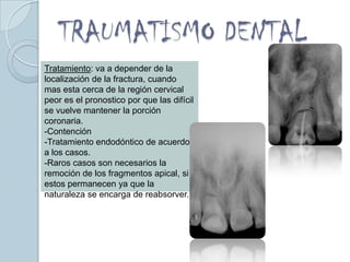 TRAUMATISMO DENTALClasificación según  J.O.Andreasen4. Fractura Coronaria con afección de la Pulpa:  Afecta los tres tejidos y expone la pulpa al medio exterior.Pulpa expuesta