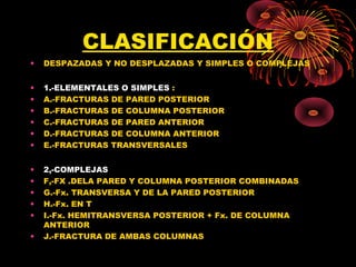 CLASIFICACIÓN
• DESPAZADAS Y NO DESPLAZADAS Y SIMPLES O COMPLEJAS
• 1.-ELEMENTALES O SIMPLES :
• A.-FRACTURAS DE PARED POSTERIOR
• B.-FRACTURAS DE COLUMNA POSTERIOR
• C.-FRACTURAS DE PARED ANTERIOR
• D.-FRACTURAS DE COLUMNA ANTERIOR
• E.-FRACTURAS TRANSVERSALES
• 2,-COMPLEJAS
• F,-FX .DELA PARED Y COLUMNA POSTERIOR COMBINADAS
• G.-Fx. TRANSVERSA Y DE LA PARED POSTERIOR
• H.-Fx. EN T
• I.-Fx. HEMITRANSVERSA POSTERIOR + Fx. DE COLUMNA
ANTERIOR
• J.-FRACTURA DE AMBAS COLUMNAS
 