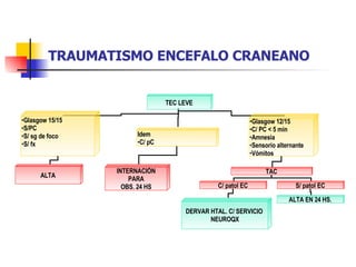 TRAUMATISMO ENCEFALO CRANEANO TEC LEVE Glasgow 15/15 S/PC S/ sg de foco S/ fx Idem C/ pC Glasgow 12/15 C/ PC < 5 min Amnesia Sensorio alternante Vómitos ALTA INTERNACIÓN PARA OBS. 24 HS TAC C/ patol EC S/ patol EC DERVAR HTAL. C/ SERVICIO  NEUROQX ALTA EN 24 HS. 