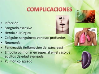 • Infección
• Sangrado excesivo
• Hernia quirúrgica
• Coágulos sanguíneos venosos profundos
• Neumonía
• Pancreatitis (inflamación del páncreas)
• Embolia pulmonar en especial en el caso de
adultos de edad avanzada
• Pulmón colapsado
 
