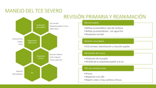 MANEJO DEL TCE SEVERO
REVISIÓN PRIMARIA Y REANIMACIÓN
Evaluación
neurológica
ECG seriado.
Respuesta pupilar a la luz.
Déficit focal.
Diagnóstico
diferencial
Intoxicaciones.
Drogas.
Otras.
Respuesta
motora
Musculo trapecio.
Lecho ungueal.
Cresta superciliar.
No
Sedación.
Miorelajantes.
•Reflejo oculocefálico: ojos de muñeca.
•Reflejo oculovestibular: con agua fría.
•Respuesta corneal.
Neurocirujano
•ECG seriado, lateralización y reacción pupilar.
Revisión secundaria
•Dilatación de la pupila.
•Perdida de la respuesta pupilar a la luz.
Herniación del uncus
•Precoz.
•Repetirse a las 24h.
•Repetir antes si hay cambios clínicos.
TAC con ventana ósea
 