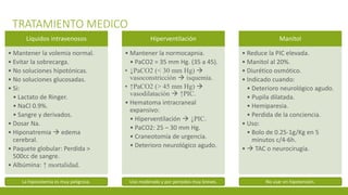 TRATAMIENTO MEDICO
Líquidos intravenosos
• Mantener la volemia normal.
• Evitar la sobrecarga.
• No soluciones hipotónicas.
• No soluciones glucosadas.
• Si:
• Lactato de Ringer.
• NaCl 0.9%.
• Sangre y derivados.
• Dosar Na.
• Hiponatremia  edema
cerebral.
• Paquete globular: Perdida >
500cc de sangre.
• Albúmina: ↑ mortalidad.
Hiperventilación
• Mantener la normocapnia.
• PaCO2 = 35 mm Hg. (35 a 45).
• ↓PaCO2 (< 30 mm Hg) 
vasoconstricción  isquemia.
• ↑PaCO2 (> 45 mm Hg) 
vasodilatación  ↑PIC.
• Hematoma intracraneal
expansivo:
• Hiperventilación  ↓PIC.
• PaCO2: 25 – 30 mm Hg.
• Craneotomía de urgencia.
• Deterioro neurológico agudo.
Manitol
• Reduce la PIC elevada.
• Manitol al 20%.
• Diurético osmótico.
• Indicado cuando:
• Deterioro neurológico agudo.
• Pupila dilatada.
• Hemiparesia.
• Perdida de la conciencia.
• Uso:
• Bolo de 0.25-1g/Kg en 5
minutos c/4-6h.
•  TAC o neurocirugía.
La hipovolemia es muy peligrosa. Uso moderado y por periodos muy breves. No usar en hipotensión.
 