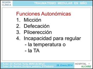 Funciones Autonómicas
1. Micción
2. Defecación
3. Piloerección
4. Incapacidad para regular
- la temperatura o
- la TA
18

 