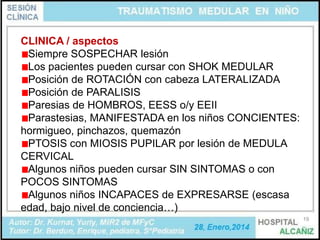 CLINICA / aspectos
Siempre SOSPECHAR lesión
Los pacientes pueden cursar con SHOK MEDULAR
Posición de ROTACIÓN con cabeza LATERALIZADA
Posición de PARALISIS
Paresias de HOMBROS, EESS o/y EEII
Parastesias, MANIFESTADA en los niños CONCIENTES:
hormigueo, pinchazos, quemazón
PTOSIS con MIOSIS PUPILAR por lesión de MEDULA
CERVICAL
Algunos niños pueden cursar SIN SINTOMAS o con
POCOS SINTOMAS
Algunos niños INCAPACES de EXPRESARSE (escasa
edad, bajo nivel de conciencia…)
19

 