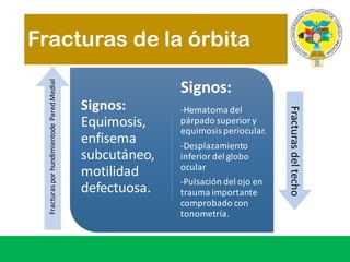Fracturas de la órbita
Signos:	
Equimosis,	
enfisema	
subcutáneo,	
motilidad
defectuosa.
Signos:	
-Hematoma	del	
párpado superior	y	
equimosis periocular.
-Desplazamiento
inferior	del	globo
ocular
-Pulsación del	ojo en	
trauma	importante
comprobado con	
tonometría.
Fracturas	porhundimientodeParedMedial	
Fracturas	del	techo
 