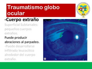 -Cuerpo extraño
Superficial	Subtarsales:	
pequeños cuerpos
extraños.
Puede producir
abraciones al	parpadeo.
-Puede desarrollarse
inflitrado leucocítico
alrededor del	cuerpo
extraño.
Traumatismo globo
ocular
 