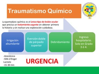 Traumatismo Químico
Irrigación
abundante
Eversión doble
de	párpado
superior
Debridamiento
Ingreso	
hospitalario.	
Solo	en	Grado	
3	ó 4.
La	quemadura	química	es	el	único	tipo	de	lesión	ocular	
que	precisa	un	tratamiento	urgente	sin	obtener	primero	
la	historia	y	sin	realizar	una	exploración	cuidadosa.
-Anestésico
-SSN	ó Ringer	
Lactato
-15-30	min
URGENCIA
 