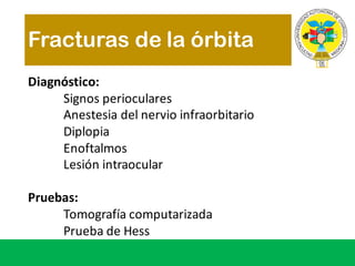Fracturas de la órbita
Diagnóstico:
Signos perioculares
Anestesia del	nervio infraorbitario
Diplopia
Enoftalmos
Lesión intraocular
Pruebas:
Tomografía computarizada
Prueba de	Hess
 