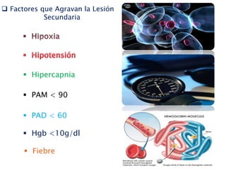  Factores que Agravan la Lesión
Secundaria
 Hipercapnia
 PAM < 90
 PAD < 60
 Hgb <10g/dl
 Fiebre
 