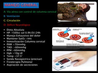  Dieta Absoluta
 HP: 1500cc sol 0.9% EV/24h
 Manejo Exhaustivo del dolor
 Mantener SatO2 >94%
 Inmovilización Columna cervical
 PAM >70mmhg
 TAD: >60mmhg
 PPM >60mmhg
 Hgb >10g/dl
 Temp <37.5°
 Sonda Nasogástrica (precisar)
 Fisioterapia Pulmonar
 Aspiración de secreciones
A: Vía aérea con control de columna cervical
B: Ventilación
C: Circulación
D: Déficit Neurológico
 