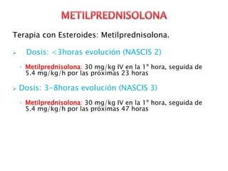 Terapia con Esteroides: Metilprednisolona.
 Dosis: <3horas evolución (NASCIS 2)
◦ Metilprednisolona: 30 mg/kg IV en la 1º hora, seguida de
5.4 mg/kg/h por las próximas 23 horas
 Dosis: 3-8horas evolución (NASCIS 3)
◦ Metilprednisolona: 30 mg/kg IV en la 1º hora, seguida de
5.4 mg/kg/h por las próximas 47 horas
 