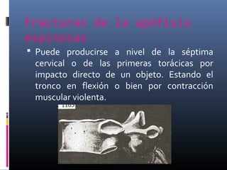 Fracturas de la apófisis
espinosas
 Puede producirse a nivel de la séptima
cervical o de las primeras torácicas por
impacto directo de un objeto. Estando el
tronco en flexión o bien por contracción
muscular violenta.
 