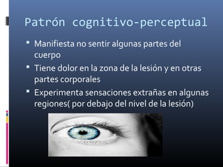 Patrón cognitivo-perceptual
 Manifiesta no sentir algunas partes del
cuerpo
 Tiene dolor en la zona de la lesión y en otras
partes corporales
 Experimenta sensaciones extrañas en algunas
regiones( por debajo del nivel de la lesión)
 