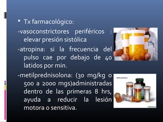  Tx farmacológico:
-vasoconstrictores periféricos :
elevar presión sistólica
-atropina: si la frecuencia del
pulso cae por debajo de 40
latidos por min.
-metilprednisolona: (30 mg/kg o
500 a 2000 mgs)administradas
dentro de las primeras 8 hrs,
ayuda a reducir la lesión
motora o sensitiva.
 