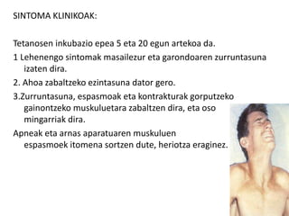 SINTOMA KLINIKOAK:
Tetanosen inkubazio epea 5 eta 20 egun artekoa da.
1 Lehenengo sintomak masailezur eta garondoaren zurruntasuna
izaten dira.
2. Ahoa zabaltzeko ezintasuna dator gero.
3.Zurruntasuna, espasmoak eta kontrakturak gorputzeko
gainontzeko muskuluetara zabaltzen dira, eta oso
mingarriak dira.
Apneak eta arnas aparatuaren muskuluen
espasmoek itomena sortzen dute, heriotza eraginez.
 