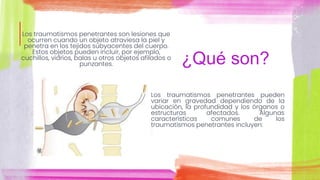 Los traumatismos penetrantes pueden
variar en gravedad dependiendo de la
ubicación, la profundidad y los órganos o
estructuras afectados. Algunas
características comunes de los
traumatismos penetrantes incluyen:
Los traumatismos penetrantes son lesiones que
ocurren cuando un objeto atraviesa la piel y
penetra en los tejidos subyacentes del cuerpo.
Estos objetos pueden incluir, por ejemplo,
cuchillos, vidrios, balas u otros objetos afilados o
punzantes. ¿Qué son?
 