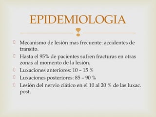 EPIDEMIOLOGIA 
 
 Mecanismo de lesión mas frecuente: accidentes de 
transito. 
 Hasta el 95% de pacientes sufren fracturas en otras 
zonas al momento de la lesión. 
 Luxaciones anteriores: 10 – 15 % 
 Luxaciones posteriores: 85 – 90 % 
 Lesión del nervio ciático en el 10 al 20 % de las luxac. 
post. 
 