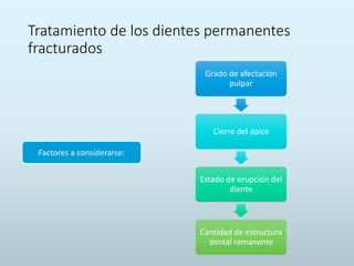 Tratamiento de los dientes permanentes
fracturados
Factores a considerarse:
Grado de afectación
pulpar
Cierre del ápice
Estado de erupción del
diente
Cantidad de estructura
dental remanente
 