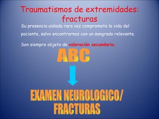 Su presencia aislada rara vez compromete la vida del paciente, salvo encontrarnos con un sangrado relevante. Son siempre objeto de  valoración secundaria.  ABC EXAMEN NEUROLOGICO/ FRACTURAS Traumatismos de extremidades: fracturas 