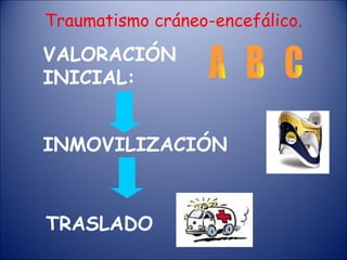 Traumatismo cráneo-encefálico. A INMOVILIZACIÓN TRASLADO C B VALORACIÓN INICIAL: 