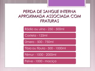 PERDA DE SANGUE INTERNAPERDA DE SANGUE INTERNA
APROXIMADA ASSOCIADA COMAPROXIMADA ASSOCIADA COM
FRATURASFRATURAS
 