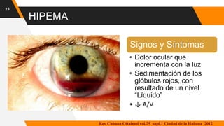 HIPEMA
23
Signos y Síntomas
• Dolor ocular que
incrementa con la luz
• Sedimentación de los
glóbulos rojos, con
resultado de un nivel
“Líquido”
• ↓ A/V
Rev Cubana Oftalmol vol.25 supl.1 Ciudad de la Habana 2012
 