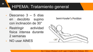 HIPEMA: Tratamiento general
▸ Descanso 3 – 5 días
en decúbito supino
con inclinación de 30°
▸ Restringir actividad
física intensa durante
2 semanas
▸ NO usar AINES
26
Rev Cubana Oftalmol vol.25 supl.1 Ciudad de la Habana 2012
 