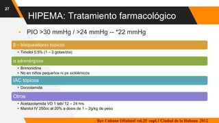 HIPEMA: Tratamiento farmacológico
▸ PIO >30 mmHg / >24 mmHg -- *22 mmHg
27
β – bloqueadores tópicos
• Timolol 0.5% (1 – 2 gotas/día)
α adrenérgicos
• Brimonidina
• No en niños pequeños ni px sicklémicos
IAC tópicos
• Dorzolamida
Otros
• Acetazolamida VO 1 tab/ 12 – 24 hrs
• Manitol IV 250cc al 20% a dosis de 1 – 2g/kg de peso
Rev Cubana Oftalmol vol.25 supl.1 Ciudad de la Habana 2012
 
