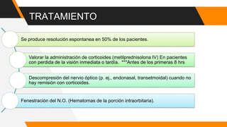 TRATAMIENTO
Se produce resolución espontanea en 50% de los pacientes.
Valorar la administración de corticoides (metilprednisolona IV) En pacientes
con perdida de la visión inmediata o tardía. ***Antes de los primeras 8 hrs
Descompresión del nervio óptico (p. ej., endonasal, transetmoidal) cuando no
hay remisión con corticoides.
Fenestración del N.O. (Hematomas de la porción intraorbitaria).
 