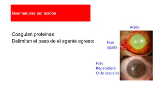 Quemaduras por ácidos
Coagulan proteínas
Delimitan el paso de el agente agresor.
 