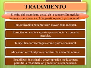 Inmovilización para prevenir, mayor daño medular.
Resucitación medica agresiva para reducir la isquemia
medular.
Terapéutica farmacológica como protección neural.
Alineación vertebral para reconstruir la anatomía normal.
Estabilización espinal y descompresión medular para
permitir la rehabilitación y facilitar la recuperación.
TRATAMIENTO
El éxito del tratamiento actual de la compresión medular
traumática se apoya en el diagnostico precoz y comprende:
 