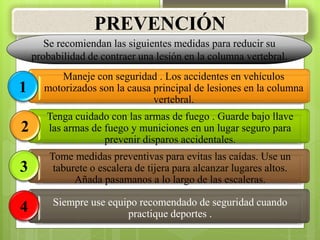 PREVENCIÓN
Se recomiendan las siguientes medidas para reducir su
probabilidad de contraer una lesión en la columna vertebral.
Maneje con seguridad . Los accidentes en vehículos
motorizados son la causa principal de lesiones en la columna
vertebral.
1
Tenga cuidado con las armas de fuego . Guarde bajo llave
las armas de fuego y municiones en un lugar seguro para
prevenir disparos accidentales.
2
Tome medidas preventivas para evitas las caídas. Use un
taburete o escalera de tijera para alcanzar lugares altos.
Añada pasamanos a lo largo de las escaleras.
3
Siempre use equipo recomendado de seguridad cuando
practique deportes .
4
 