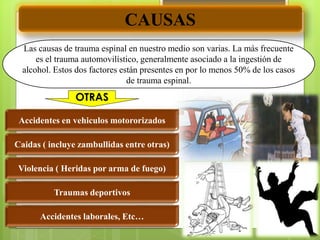 CAUSAS
Las causas de trauma espinal en nuestro medio son varias. La más frecuente
es el trauma automovilístico, generalmente asociado a la ingestión de
alcohol. Estos dos factores están presentes en por lo menos 50% de los casos
de trauma espinal.
Accidentes en vehiculos motororizados
Caidas ( incluye zambullidas entre otras)
Violencia ( Heridas por arma de fuego)
Traumas deportivos
OTRAS
Accidentes laborales, Etc…
 