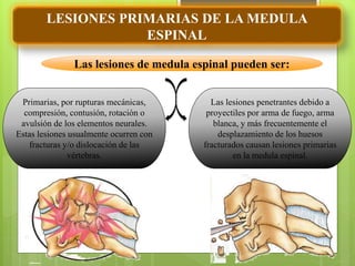 LESIONES PRIMARIAS DE LA MEDULA
ESPINAL
Las lesiones de medula espinal pueden ser:
Primarias, por rupturas mecánicas,
compresión, contusión, rotación o
avulsión de los elementos neurales.
Estas lesiones usualmente ocurren con
fracturas y/o dislocación de las
vértebras.
Las lesiones penetrantes debido a
proyectiles por arma de fuego, arma
blanca, y más frecuentemente el
desplazamiento de los huesos
fracturados causan lesiones primarias
en la medula espinal.
 