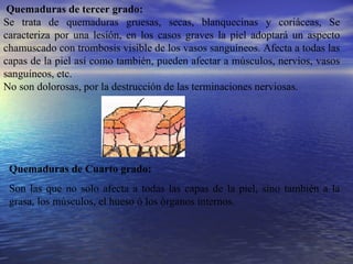 Quemaduras de tercer grado:   Se trata de quemaduras gruesas, secas, blanquecinas y coriáceas, Se caracteriza por una lesión, en los casos graves la piel adoptará un aspecto chamuscado con trombosis visible de los vasos sanguíneos. Afecta a todas las capas de la piel así como también, pueden afectar a músculos, nervios, vasos sanguíneos, etc. No son dolorosas, por la destrucción de las terminaciones nerviosas. Quemaduras de Cuarto grado: Son las que no solo afecta a todas las capas de la piel, sino también a la grasa, los músculos, el hueso ó los órganos internos. 