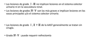 • Las lesiones de grado Ⅰ-Ⅲ no implican lesiones en el sistema colector
urinario ni en la vasculatura renal.
• Las lesiones de grados Ⅳ-Ⅴ son las más graves e implican lesiones en los
vasos principales y/o el sistema colector urinario.
• Las lesiones de grado Ⅰ,Ⅱ Y Ⅲ de la AAST generalmente se tratan sin
cirugía.
• Grado Ⅳ-Ⅴ : puede requerir nefrectomía
 