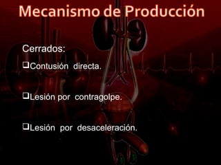 Cerrados:
Contusión directa.


Lesión por contragolpe.


Lesión por desaceleración.
 