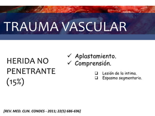 TRAUMA VASCULAR
HERIDA NO
PENETRANTE
(15%)
 Aplastamiento.
 Comprensión.
[REV. MED. CLIN. CONDES - 2011; 22(5) 686-696]
 Lesión de la intima.
 Espasmo segmentario.
 