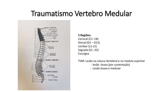 Traumatismo Vertebro Medular
5 Regiões:
Cervical (C1- C8)
Dorsal (D1 – D12)
Lombar (L1-L5)
Sagrada (S1 –S5)
Coccígea
TVM: Lesão na coluna Vertebral e na medula espinhal
- lesão óssea (por sustentação)
- Lesão óssea e medular
 