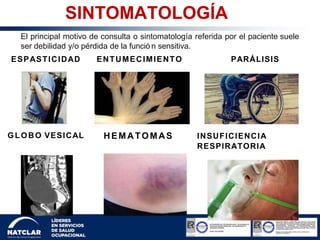 SINTOMATOLOGÍA
El principal motivo de consulta o sintomatología referida por el paciente suele
ser debilidad y/o pérdida de la funció n sensitiva.
ESPASTICIDAD ENTUMECIMIENTO PARÁLISIS
GLOBO VESICAL HEMATOMAS INSUFICIENCIA
RESPIRATORIA
 
